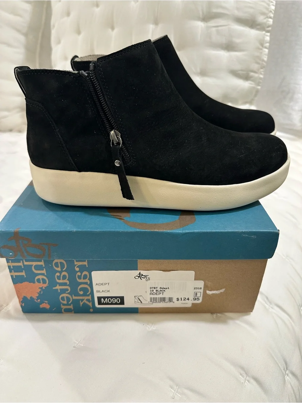 OTBT Black Suede Wedge Ankle Booties with Cream Sole